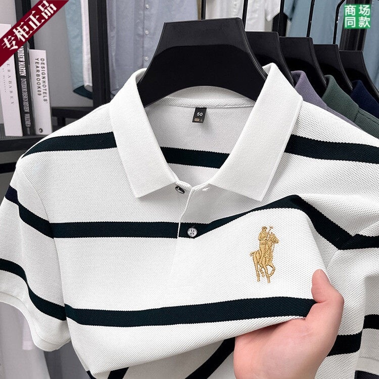 Paul Summer Cotton Short-Sleeved Polo Shirt 2026 New Product Middle-Aged Men's Thin Lapel Striped T-Shirt Top Paul Summer Cotton Short-Sleeved Polo Shirt 2026 New Product Middle-Aged Men's Thin Lapel Striped T-Shirt Top
