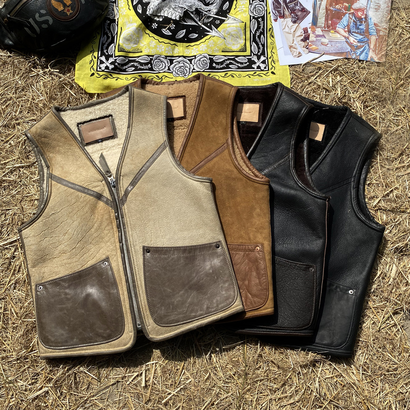 American Retro Genuine Sheepskin Integrated Vest for Men, Short Slim-Fit Amekaji Trendy Leather Vest Motorcycle Jacket