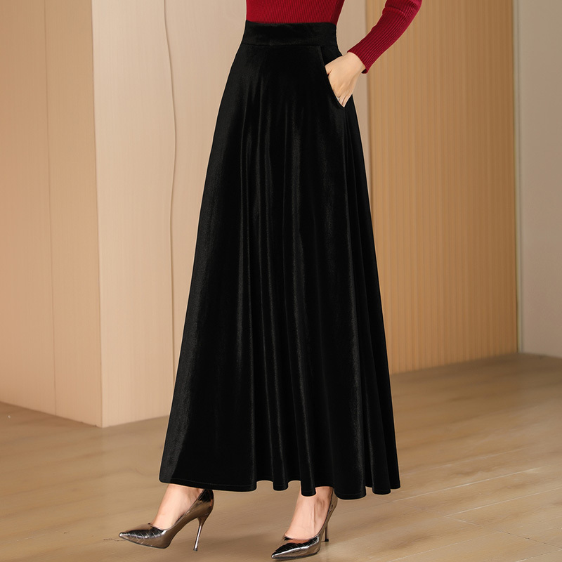 Black Velvet Midi Skirt for Women, New Pleated Long Skirt for Autumn, Plus Size, A-Line, Vintage, Flared Skirt