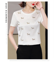 2021 summer new heavy dog hot diamond silk t-shirt womens short-sleeved silk cotton stitching Hangzhou mulberry silk top