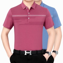 2021 new summer middle-aged short-sleeved t-shirt mulberry silk lapel stripe casual dad thin t-shirt mens clothing
