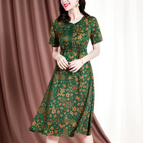 Summer 2021 Short sleeve plus size silk dress Loose round neck mid-length printed vintage mulberry silk skirt