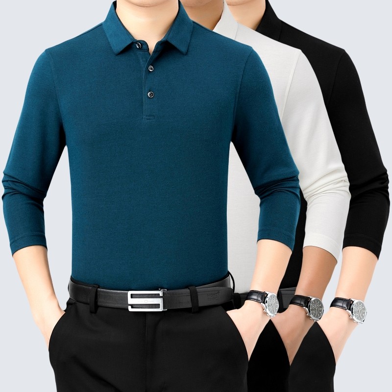 2022 new middle-aged and elderly long-sleeved T-shirt men's plus size loose knitted business lapel solid color cashmere sweater T-shirt