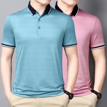 2021 new short-sleeved t-shirt mens middle-aged lapel daddy outfit summer business mulberry silk half-sleeved polo shirt light-colored T