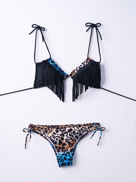 Retro ຂະ​ຫນາດ​ໃຫຍ່​ສີ​ດໍາ 2024 ໃຫມ່ goddess tassel leopard ພິມ bikini ຄໍ V ເລິກ sexy ຄົນ ອັບ ເດດ : split swimsuit ສໍາ ລັບ ແມ່ ຍິງ