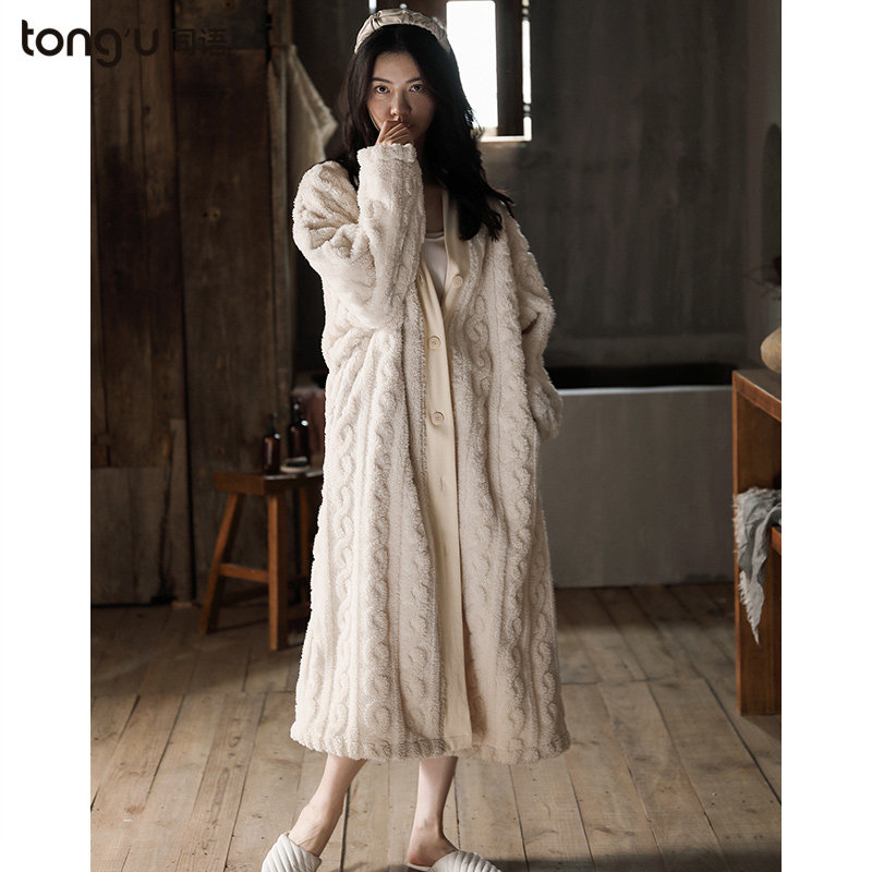 Hominin 2023 New jacquard sleeping robes Women's autumn Winter Coral Suede Thickening of the Warm Sensation Bathrobe Home of the Feminists-Taobao