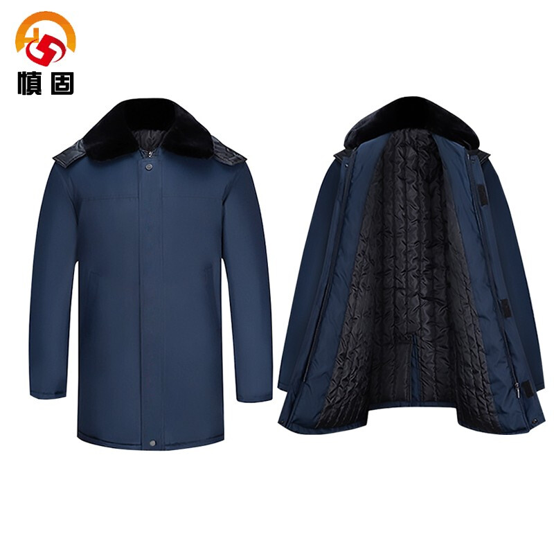 Winter thickened cold-proof labor protection cotton clothes long version security coat men's hooded cotton coat blue cotton jacket short work clothes