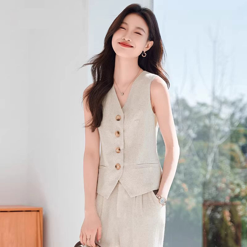Linen Suit Vest Set for Women, Summer Thin Style, 2026 New Model, High-End Feel, Commuter Professional Sleeveless Vest Waistcoat Linen Suit Vest Set for Women, Summer Thin Style, 2026 New Model, High-End Feel, Commuter Professional Sleeveless Vest Waistcoat