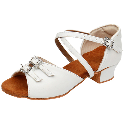 新款钻扣白色皮面拉丁舞鞋女童软底舞蹈练功鞋小孩儿舒适跳舞鞋子