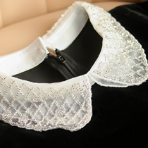 Temperament Zanheben Black Real Silk Suede Nail Pearl Embroidered Collar Lotus Leaf Lotus Leaf Hem dress ME382