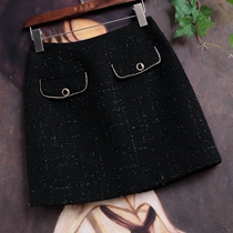  Spot handsome comes with gas field fake pocket metal button woolen fight bright silk skirt A-line skirt