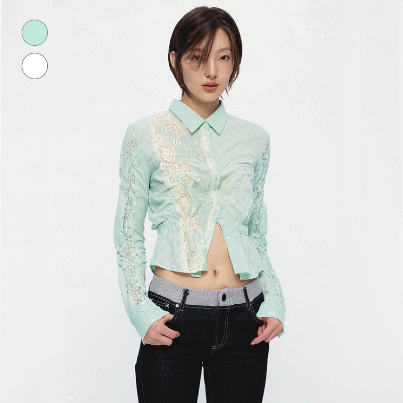 9266Studio Irregular French Vintage Lace Ruched High-End Shirt with Unique Style