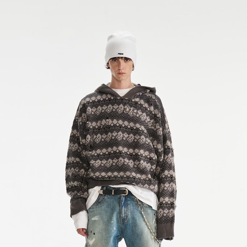 Pmw Zhang Linghe's Same Style Retro Jacquard Pattern Knitwear Heavy Distressed Effect Pullover Hooded Sweater for Men