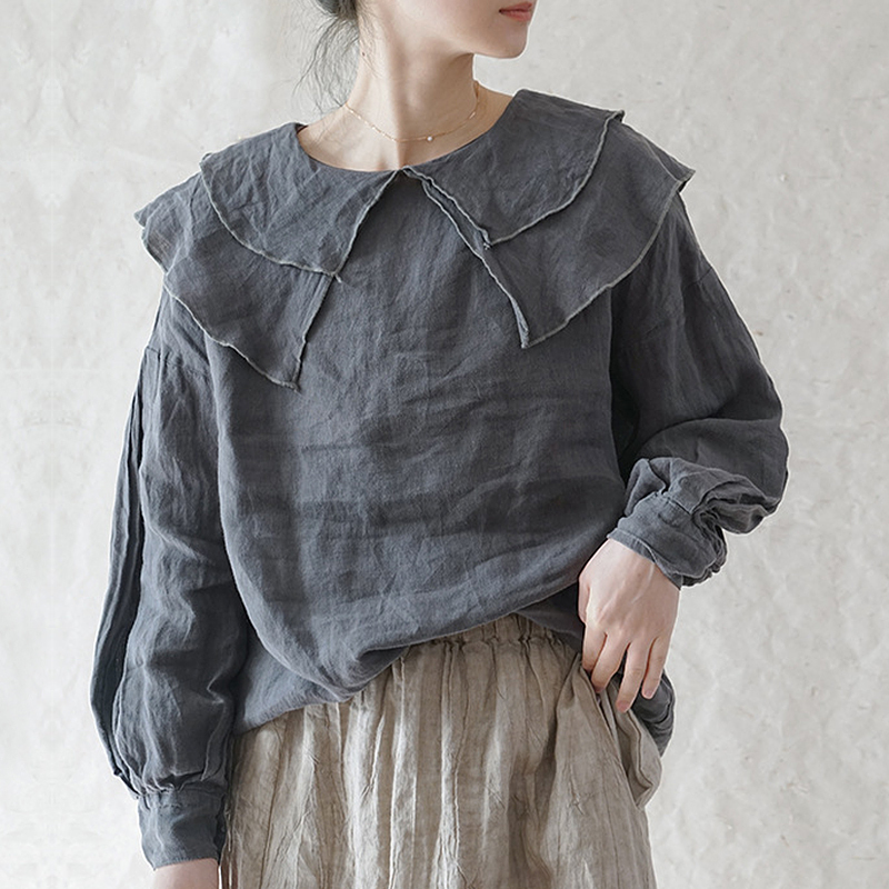 French-Style Pastoral Navy Collar Top, Large Lapel Linen Shirt, Women's Long-Sleeved Loose Lace Collar Shirt, Spring 2026