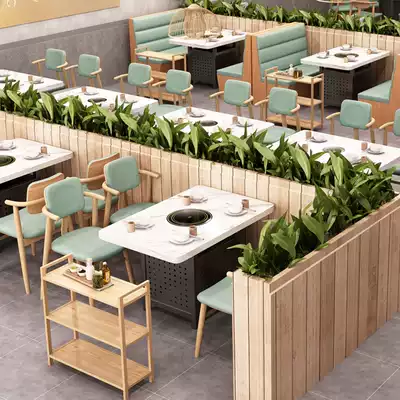 Smokeless marble hot pot table induction cooker integrated commercial barbecue solid wood farm table and chair dining room roasting restaurant