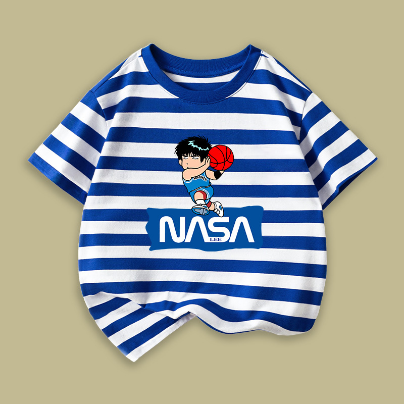 Slam Dunk Boys' Short-Sleeved T-Shirt Pure Cotton Summer 2026 New Children's Striped Half-Sleeve Basketball Clothing Summer Wear