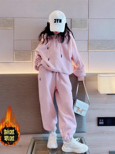 女童加绒套装秋冬季韩版洋气时髦中大童休闲运动连帽卫衣两件套潮