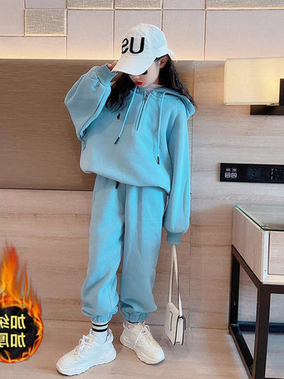 女童加绒套装秋冬季韩版洋气时髦中大童休闲运动连帽卫衣两件套潮