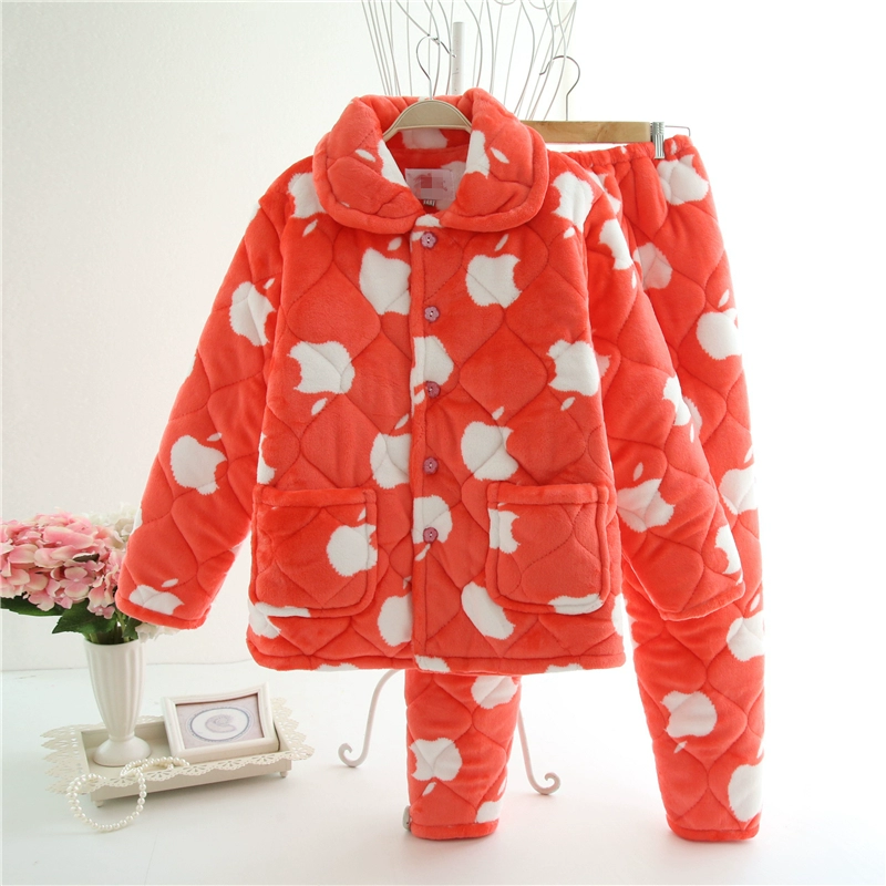 Mùa đông trung niên đồ ngủ quilted phụ nữ flannel ba lớp dày XL áo khoác mùa đông cotton áo khoác dịch vụ nhà bộ mặc nhà