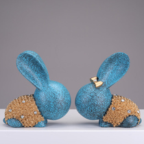 Nordic light luxury resin couple big rabbit crafts ornaments Zhaocai large home living room TV wine cabinet Blue