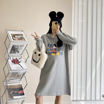 2021 new maternity dress spring and autumn fashion hooded loose size long sleeve printed letter medium length sweater skirt