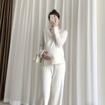 2022 new maternity wear spring and autumn casual style fashion V-neck retro side button knitted top trousers suit