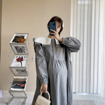 Pregnancy Woman Dress 2021 New Fall Han Version Fashion Design Sense Navy Collar Light Core Suede Easy Little Sublian Dress