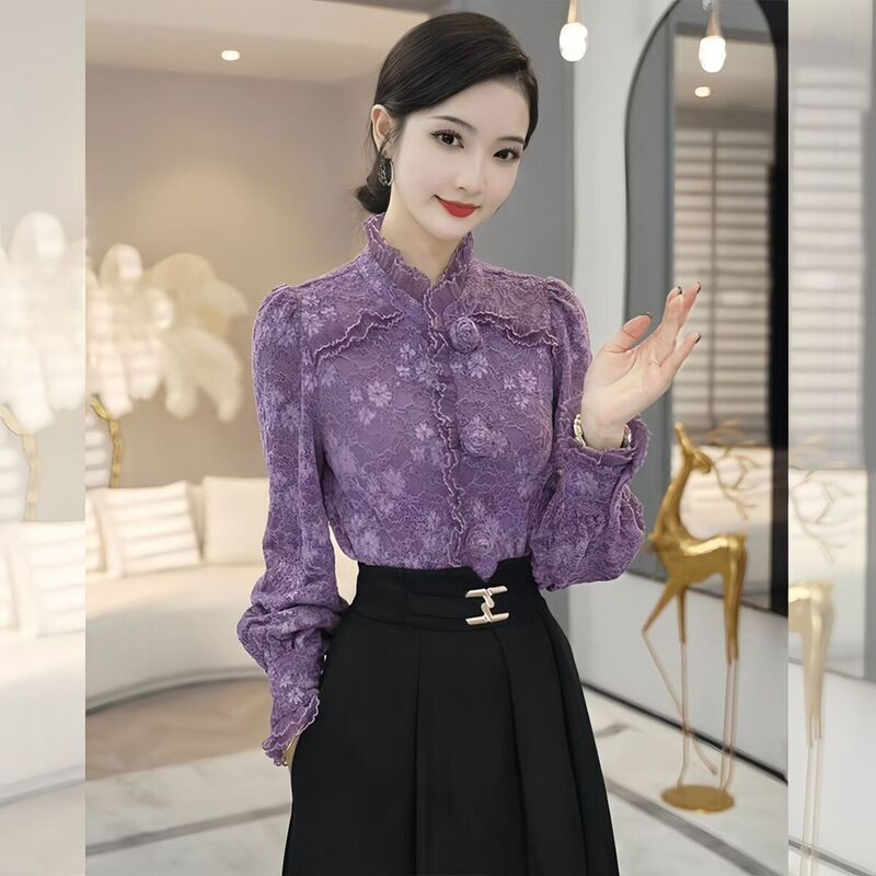 Spring and Autumn High-End Velvet Long-Sleeved Shirt for Women 2026 New Style Unique and Beautiful Thickened Purple Lace Inner Top