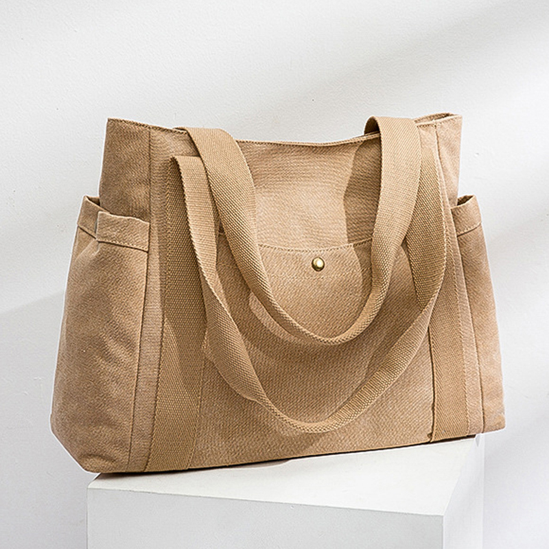 Large-Capacity Fashionable Women's Bag, Solid Color Canvas Handbag, Retro Handbag, Casual Shoulder Bag, Multi-Pocket Bag for Work