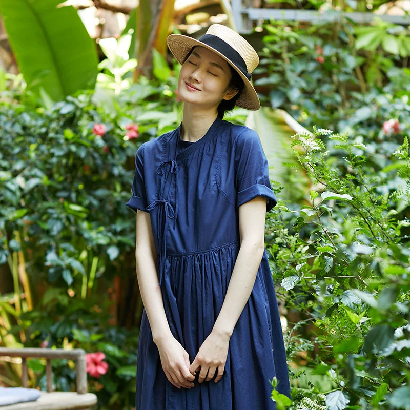 Mục vụ thiết kế ban đầu của phụ nữ cotton ren retro váy mùa hè eo cao kích thước lớn Zen đầm Hanshan - Váy eo cao