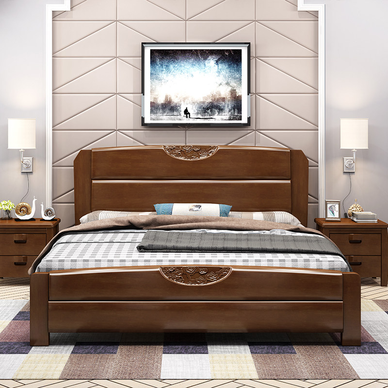 Solid wood bed 1 8 meters 1 5 meters double bed Modern simple economy bedroom storage wedding bed