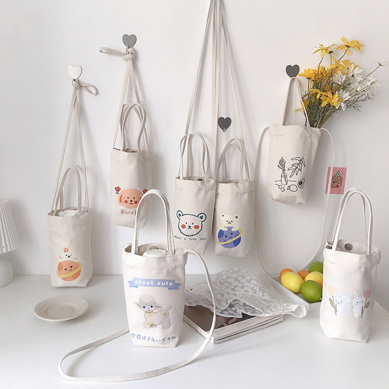 Canvas Bucket Bag Female Summer Messenger 2023 New Student Portable Water Bottle Water Cup Umbrella Mobile Phone Small Bag