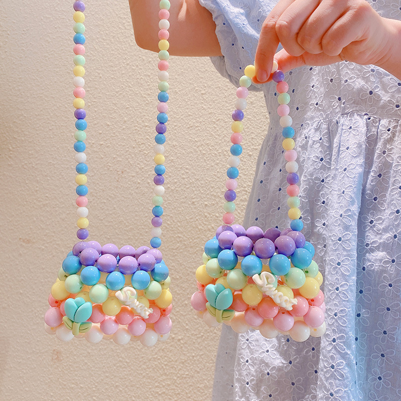 Children's Bags for Girls 2025 New Style Cute Pearl Crossbody Bag Handmade Woven Bead Bag Mini Backpack Summer