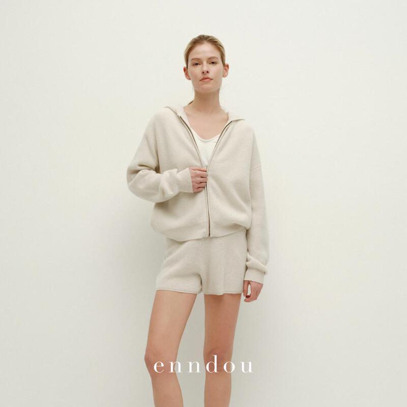 Enndou 100% Pure Cashmere Knitted Jacket for Women, New Spring and Autumn Casual Style Top, Waffle Hooded Sweatshirt