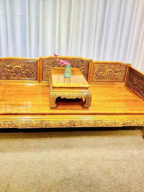 Golden Silk Nanmu Nine Dragons Luohan Bed Two-Piece Set, Landscape Luohan Bed, Solid Wood Single Sofa Bed, Residential Furniture