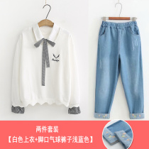 12 Junior High School High School students college style T-shirt clothes 14-year-old girl jeans 15 female big child casual set