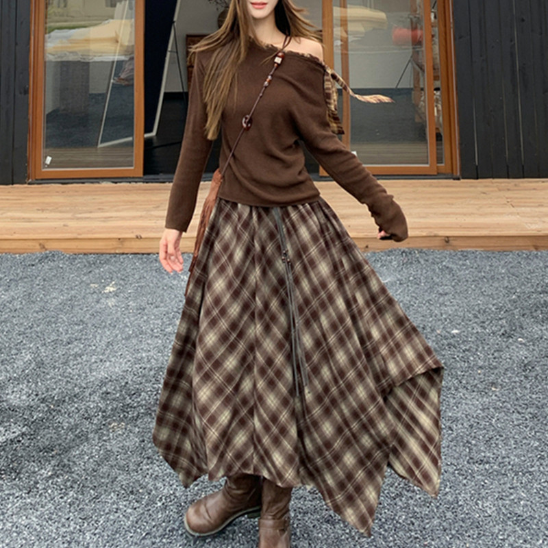 Melardka Irregular Hem Plaid Skirt for Women, Autumn and Winter, Plus Size, Elastic Waist, Draped Long A-Line Skirt Melardka Irregular Hem Plaid Skirt for Women, Autumn and Winter, Plus Size, Elastic Waist, Draped Long A-Line Skirt