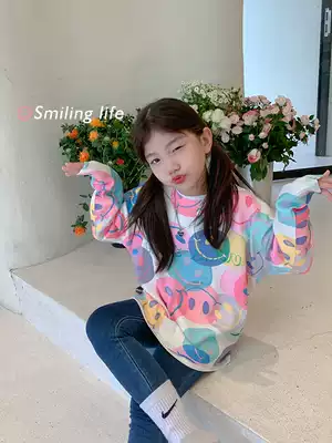 Salted egg shrimp girl full print sweater Baby autumn Children's ins sweet greasy smiley face casual loose sweater
