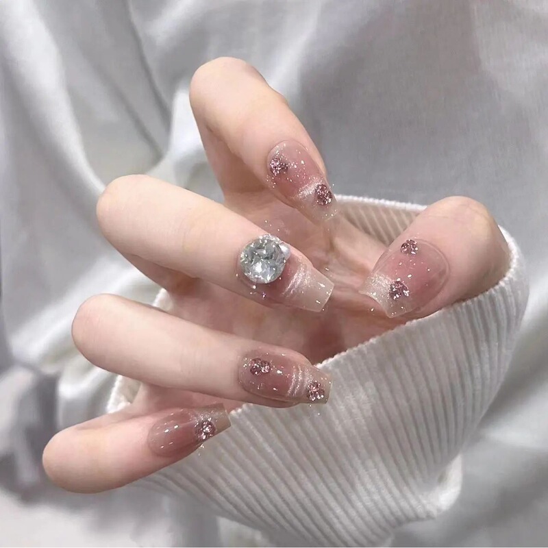 Handmade Children's Nail Art Wearable Nails with Short Square Rhinestones, Pearl Cat Eye Fake Nail Stickers, 2026 New Model Handmade Children's Nail Art Wearable Nails with Short Square Rhinestones, Pearl Cat Eye Fake Nail Stickers, 2026 New Model