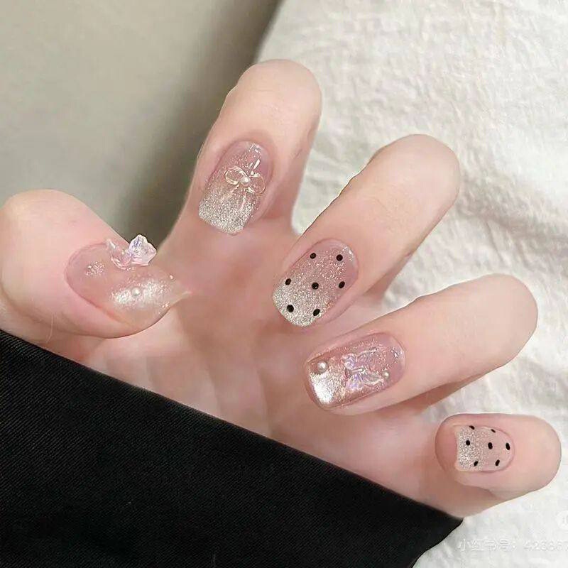Handmade Children's Nail Art Wearable Short-Style Polka Dot Gold Butterfly Fake Nail Stickers 2026 New Model Handmade Children's Nail Art Wearable Short-Style Polka Dot Gold Butterfly Fake Nail Stickers 2026 New Model