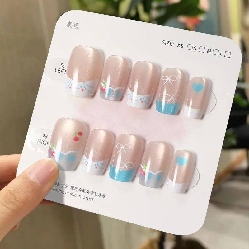Handmade Children's Nail Art Wearable Short Blue Cinnamoroll Cat Eye Fake Nail Stickers 2026 New Model Handmade Children's Nail Art Wearable Short Blue Cinnamoroll Cat Eye Fake Nail Stickers 2026 New Model
