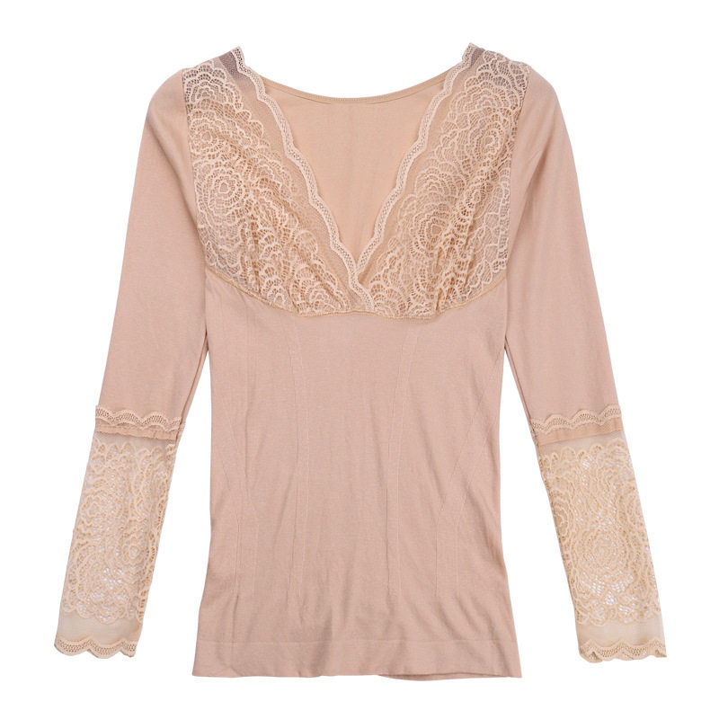 Export women's 37 degree constant temperature skin color ultra-thin lace mesh cuffs invisible bottoming shirt long-sleeved tight-fitting flesh-colored top
