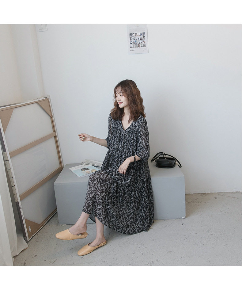Платье для беременных 孕妇夏装，长及膝碎花雪纺春秋季长裙，韩式v领大码宽松连衣裙