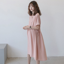 Pregnant woman summer dress with long past knee length skirt cotton linen v collar Long dress for pregnancy can be suckling summer Libra dress