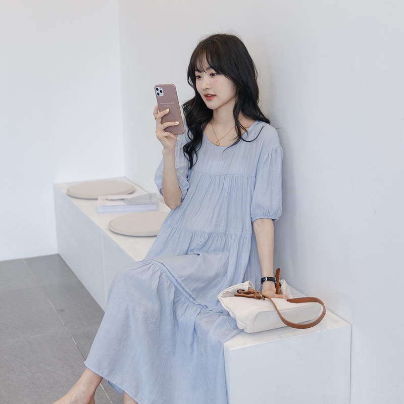 Maternity Wear Summer Long Dress Korean Style Blue Loose Fresh Mid-Length Over-The-Knee Chiffon Fairy Dress