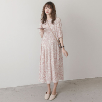 Pregnant womens Korean version of loose tide mom fashion temperament Summer chiffon long knee skirt floral dress