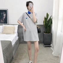 2022 new pregnant women summer clothes polo turn T-shirt dress Summer medium long style dress pure cotton striped blouse