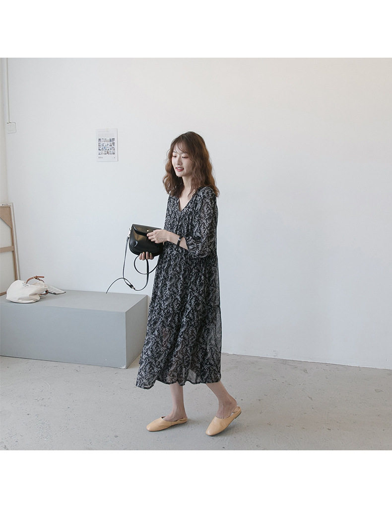 Платье для беременных 孕妇夏装，长及膝碎花雪纺春秋季长裙，韩式v领大码宽松连衣裙