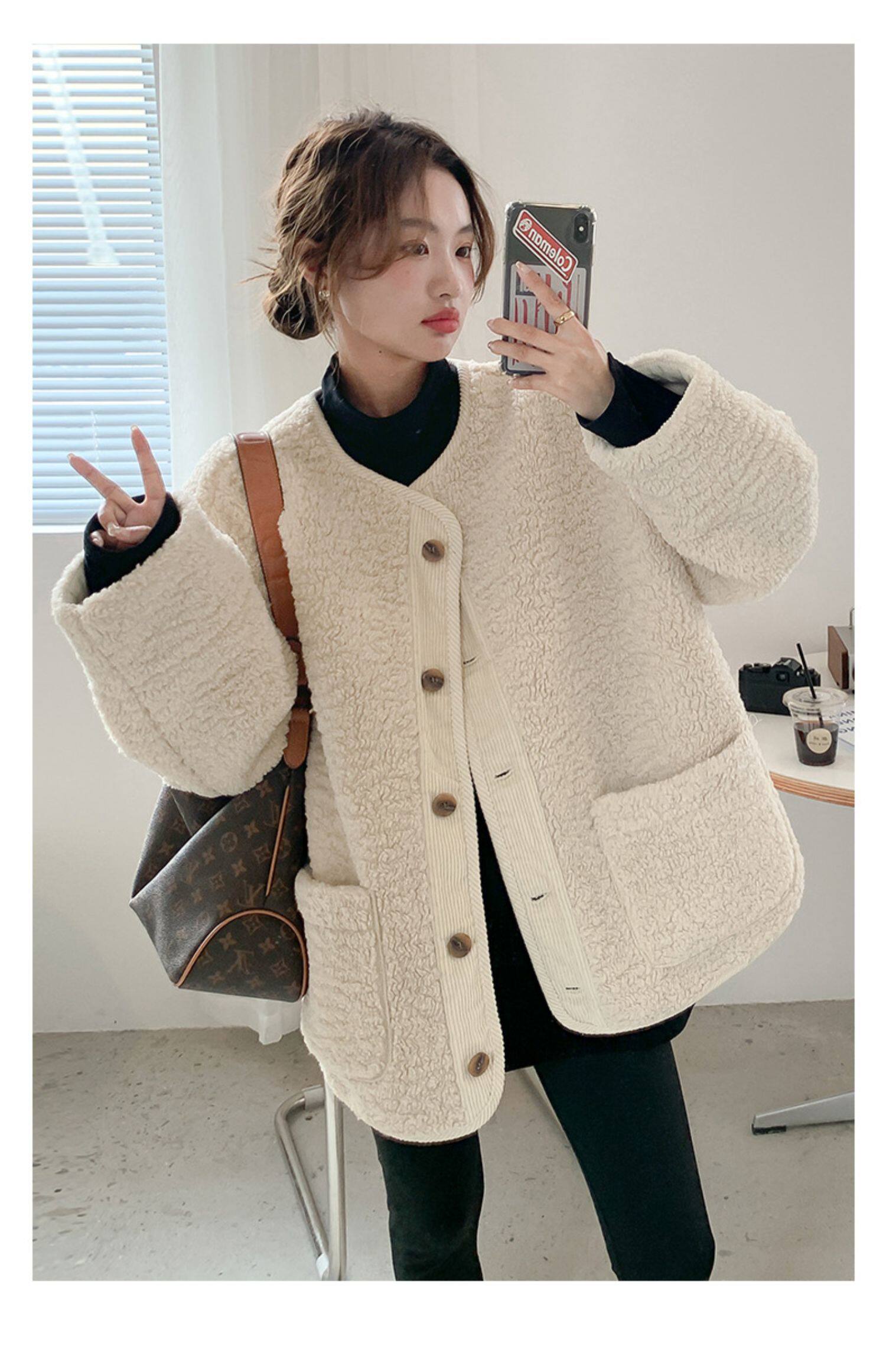 Пальто для беременных 孕妇装秋冬新款宽松大码遮肚显瘦无领羊羔毛保暖外套