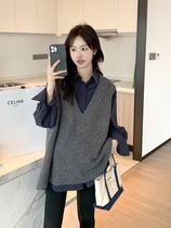 Pregnant womens spring and autumn clothing Korean version hot mom fashion loose large size slimming and covering the flesh V-neck vest fashionable knitted vest